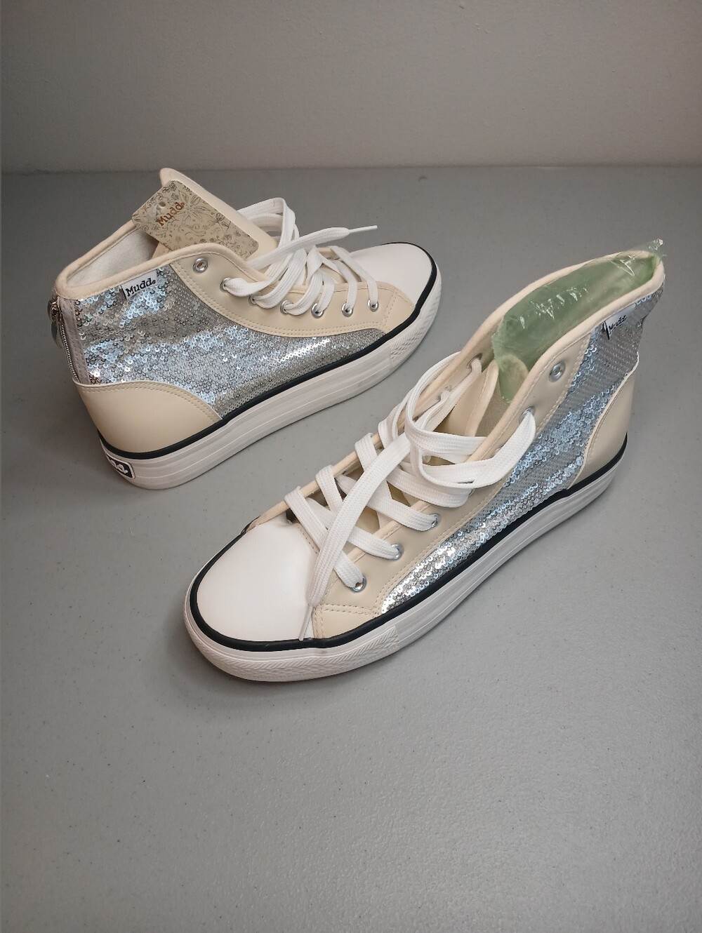 Cream Faux Leather & Silver Sequin High Top Lace Up Platform Sneakers 10M New!
